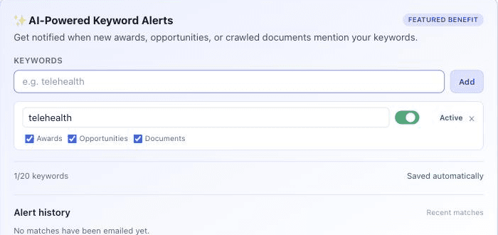 Keyword Alerts card showing one keyword, 'telehealth', marked Active, with Awards, Opportunities, and Documents all checked, and a 'Saved automatically' status.
