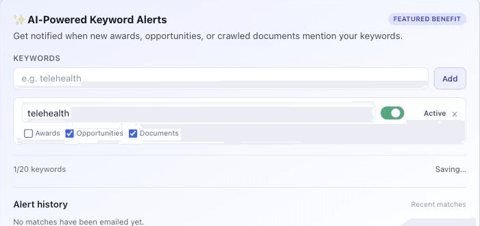 Same card with the Awards checkbox unchecked for 'telehealth', status showing 'Saving…' mid-save.