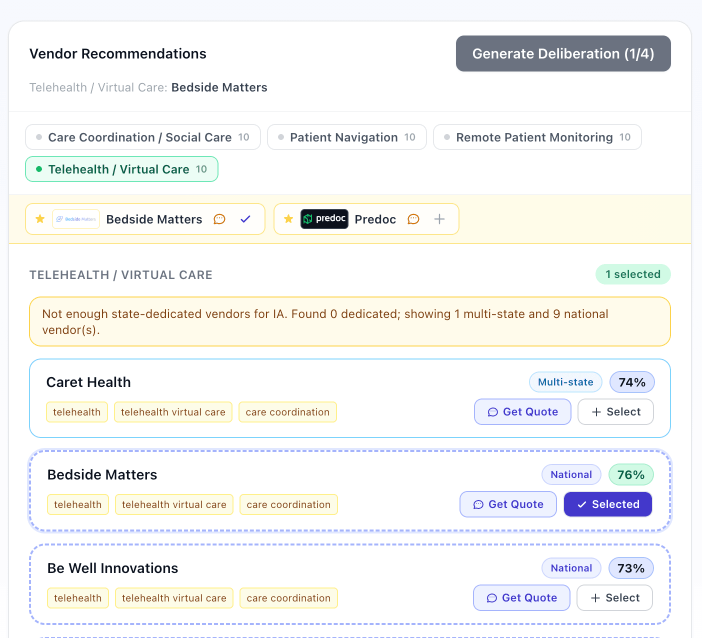 Featured vendor strip showing pre-vetted vendors highlighted above regular results with select and quote actions