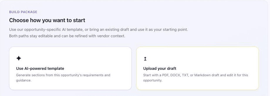 Build Package screen with two options: 'Use AI-powered template' and 'Upload your draft', both described as staying editable and refinable with vendor context.